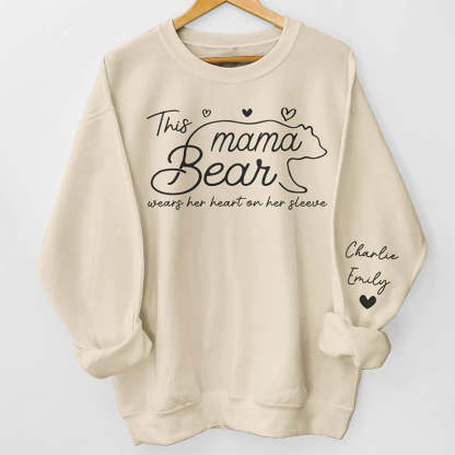 Mama Bear Wears Her Heart On Her Sleeve - Family Personalized Custom Unisex Sweatshirt With Design On Sleeve-ilovevango