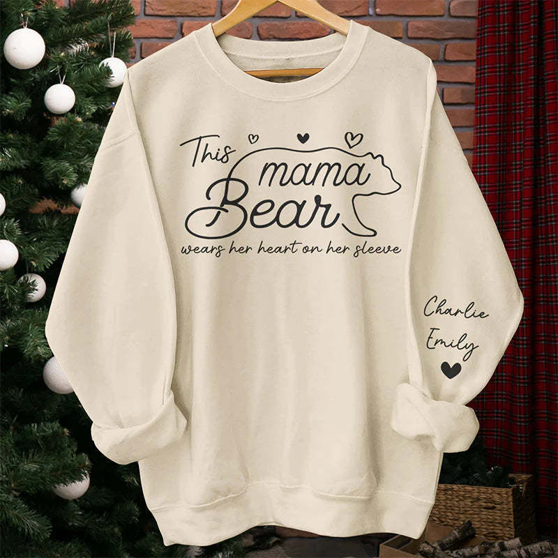 Mama Bear Wears Her Heart On Her Sleeve - Family Personalized Custom Unisex Sweatshirt With Design On Sleeve-ilovevango