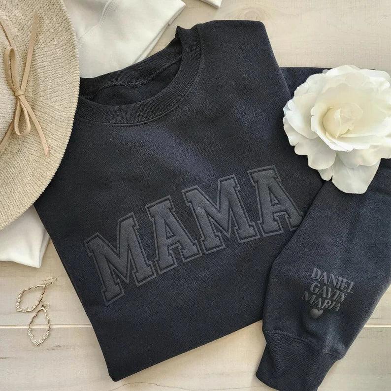 Mama Keepsake Sweatshirt with Puff Lettering, Personalized Kid Names on Sleeve, Mama Sweater, New Mom Gift-ilovevango