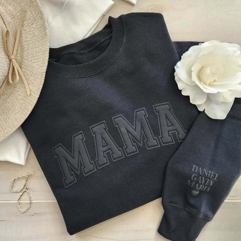 Mama Keepsake Sweatshirt with Puff Lettering, Personalized Kid Names on Sleeve, Mama Sweater, New Mom Gift-ilovevango