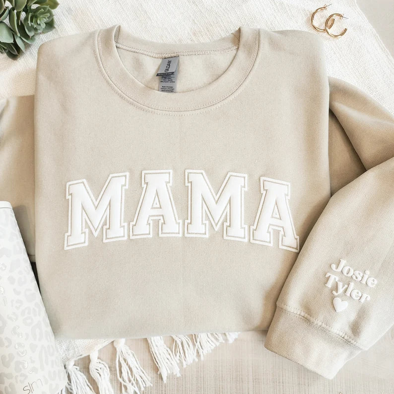 Mama Keepsake Sweatshirt with Puff Lettering, Personalized Kid Names on Sleeve, Mama Sweater, New Mom Gift-ilovevango