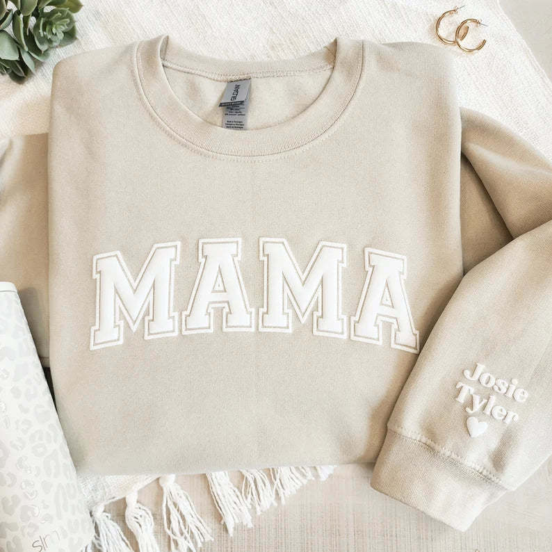 Mama Keepsake Sweatshirt with Puff Lettering, Personalized Kid Names on Sleeve, Mama Sweater, New Mom Gift-ilovevango