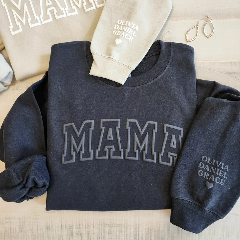 Mama Keepsake Sweatshirt with Puff Lettering, Personalized Kid Names on Sleeve, Mama Sweater, New Mom Gift-ilovevango