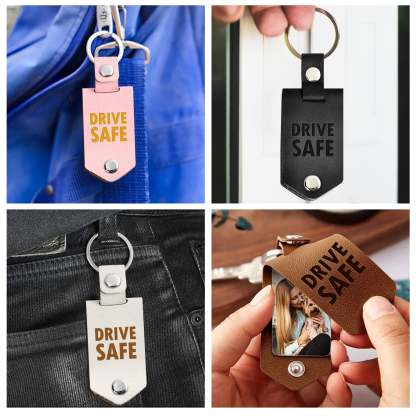Custom Photo Drive Safe We Need You Dad - Birthday, Loving Gift For Dad, Father, Papa, Grandpa - Personalized Leather Photo Keychain-ilovevango