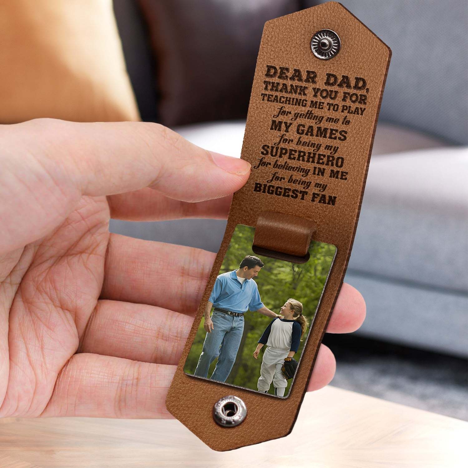 Custom Photo Dear Dad Thank You For Teaching Me - Birthday, Loving Gift For Baseball, Softball Father - Personalized Leather Photo Keychain-ilovevango