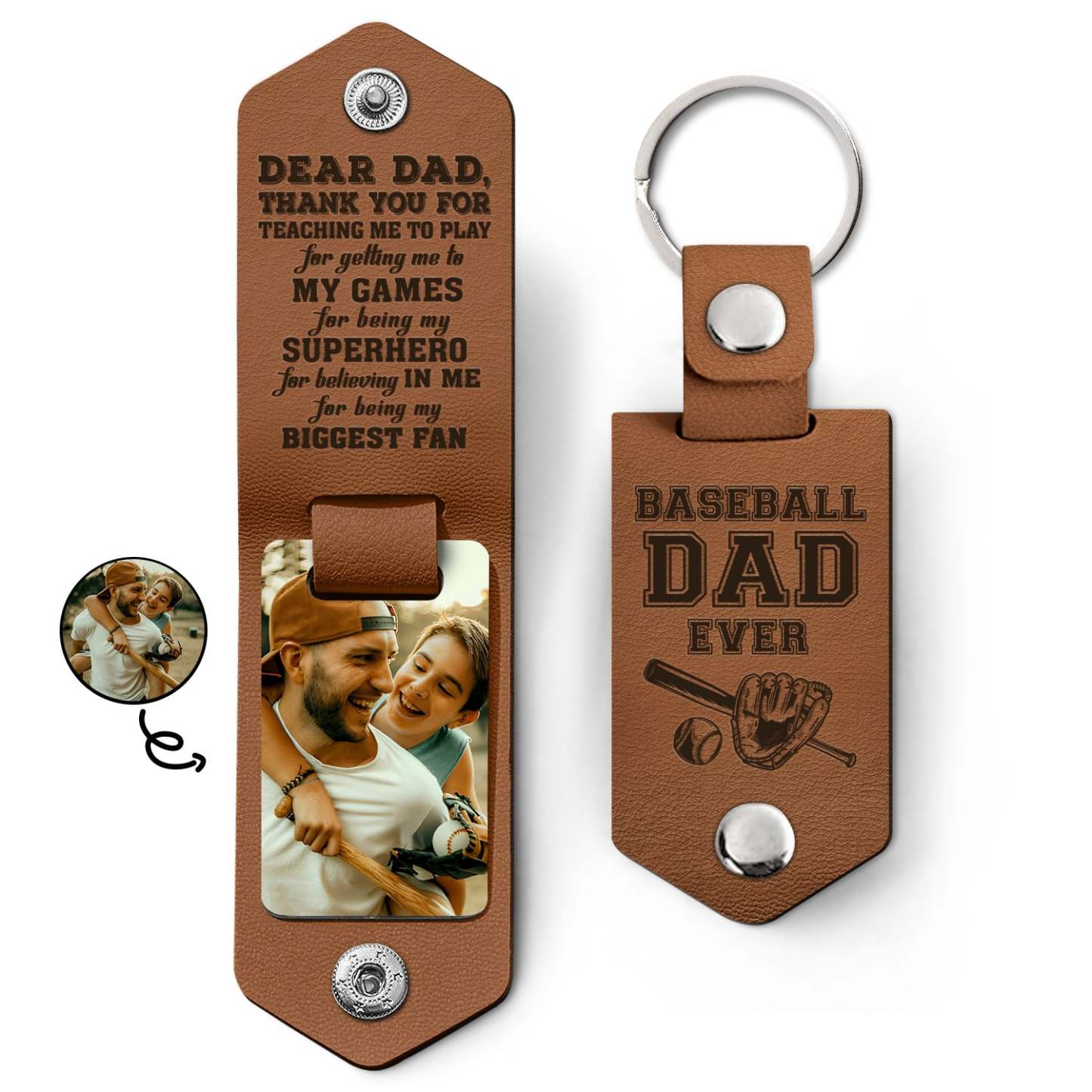 Custom Photo Dear Dad Thank You For Teaching Me - Birthday, Loving Gift For Baseball, Softball Father - Personalized Leather Photo Keychain-ilovevango