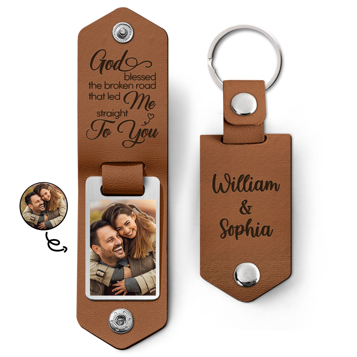 Custom Photo God Blessed The Broken Road - Loving, Anniversary Gift For Couple, Spouse, Husband, Wife - Personalized Leather Photo Keychain-ilovevango