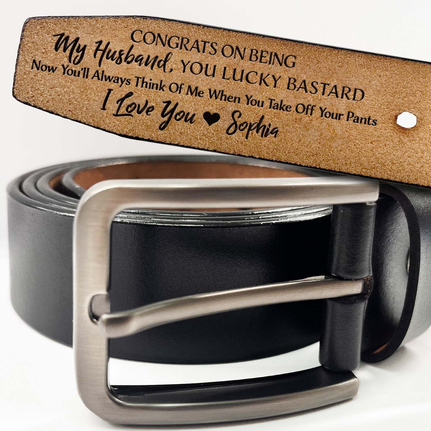 Congrats On Being My Husband You Lucky - Funny Gift For Hubby, Boyfriend, Spouse, Fiance, Dad Gift - Personalized Engraved Leather Belt-ilovevango