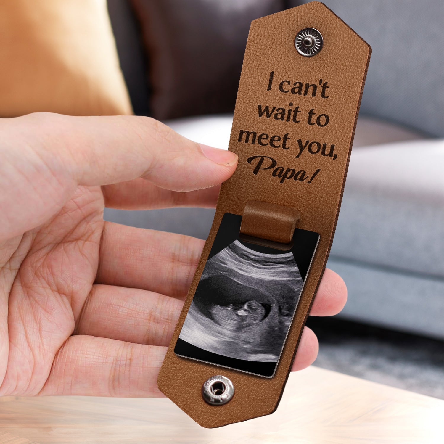Custom Photo Daddy I Can't Wait To Meet You - Personalized Leather Photo Keychain-ilovevango