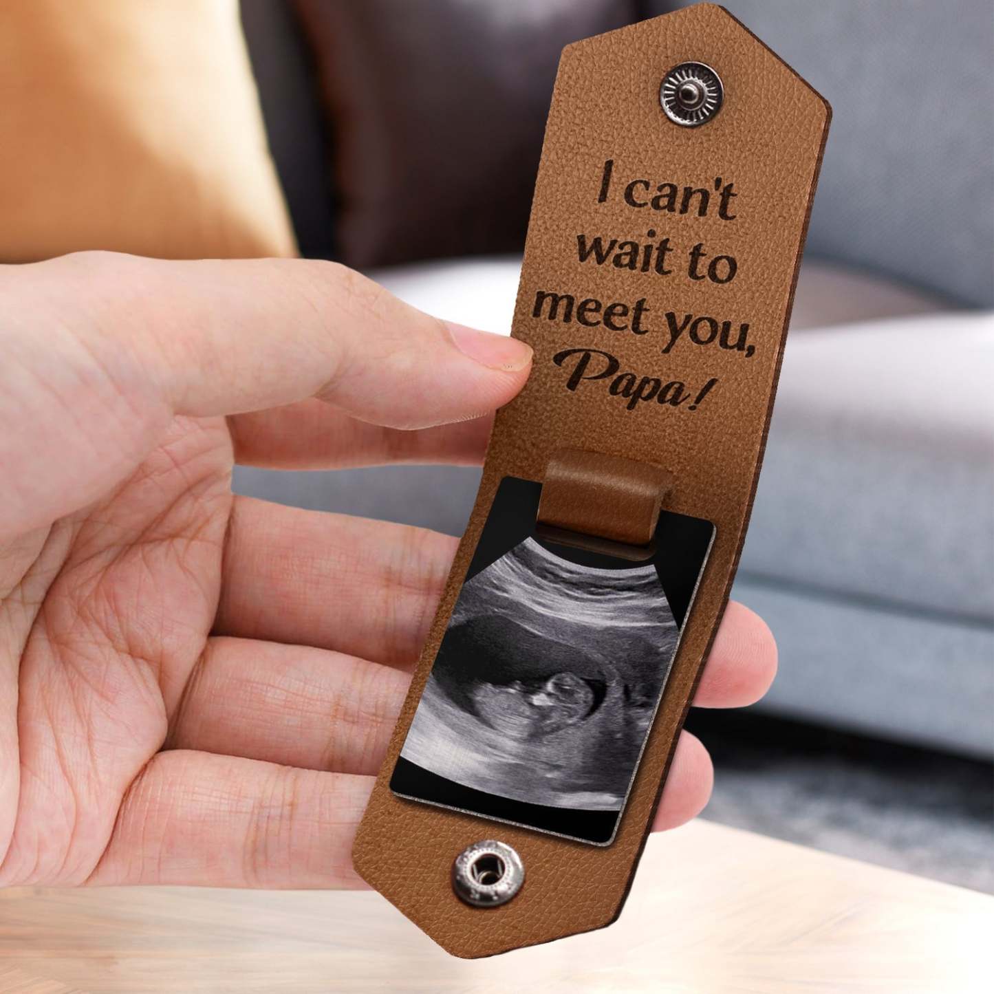 Custom Photo Daddy I Can't Wait To Meet You - Personalized Leather Photo Keychain-ilovevango