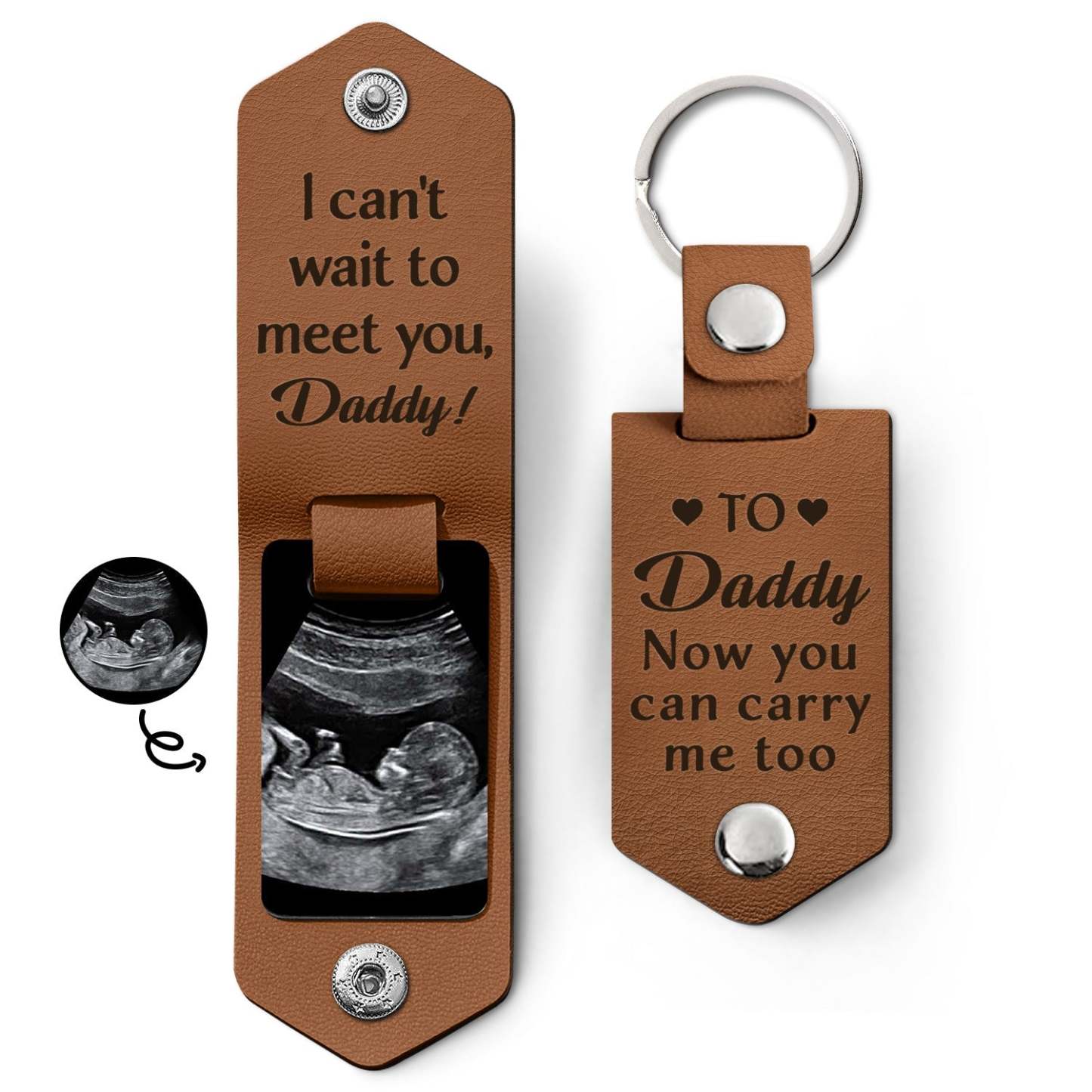 Custom Photo Daddy I Can't Wait To Meet You - Personalized Leather Photo Keychain-ilovevango