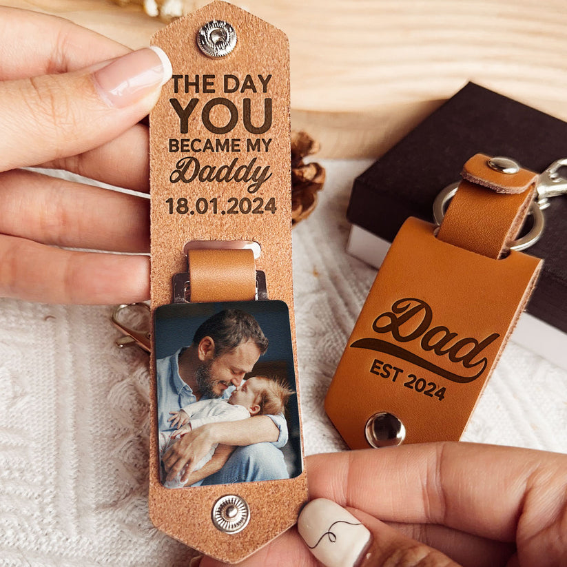 The Day You Became My Daddy First Time Dad - Personalized Leather Photo Keychain-ilovevango