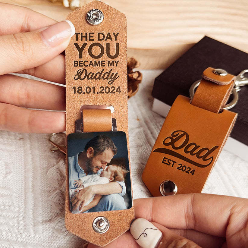 The Day You Became My Daddy First Time Dad - Personalized Leather Photo Keychain-ilovevango