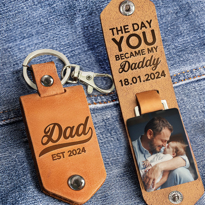 The Day You Became My Daddy First Time Dad - Personalized Leather Photo Keychain-ilovevango