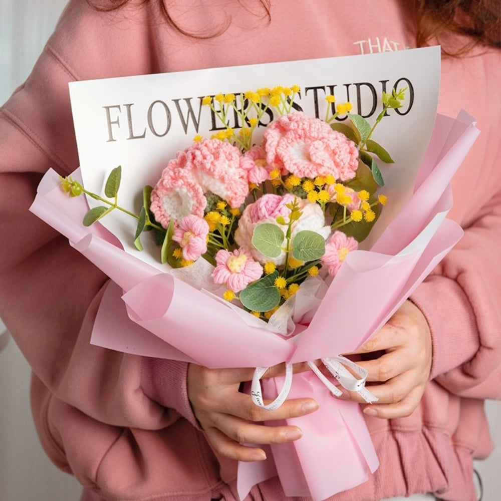 Mother's Day Gift Crochet Flowers Bouquet Handmade Knitted Carnation Bouquet With Light Strip Gift For Her-ilovevango