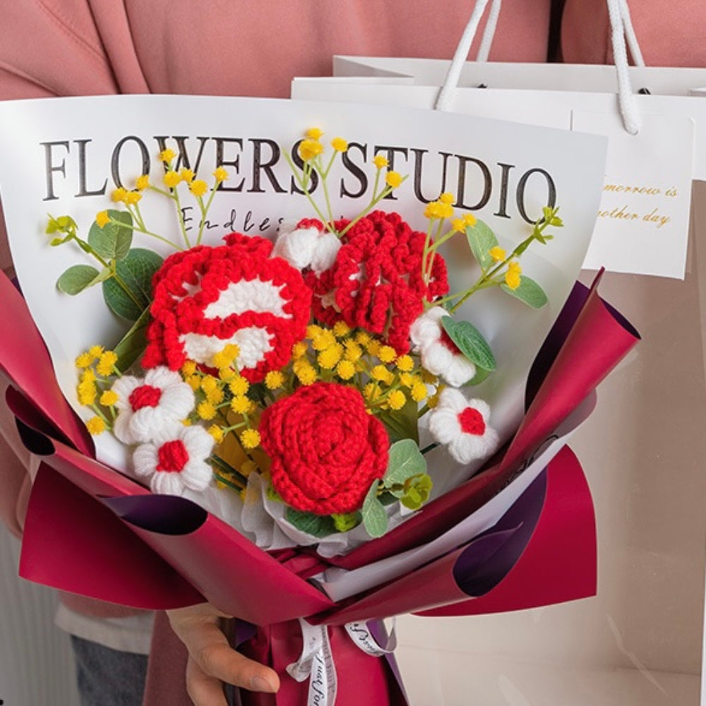 Mother's Day Gift Crochet Flowers Bouquet Handmade Knitted Carnation Bouquet With Light Strip Gift For Her-ilovevango