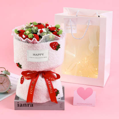 Mother's Day Gift Crochet Flowers Bouquet Handmade Knitted Strawberry Bouquet With Light Strip Gift For Lovers-ilovevango