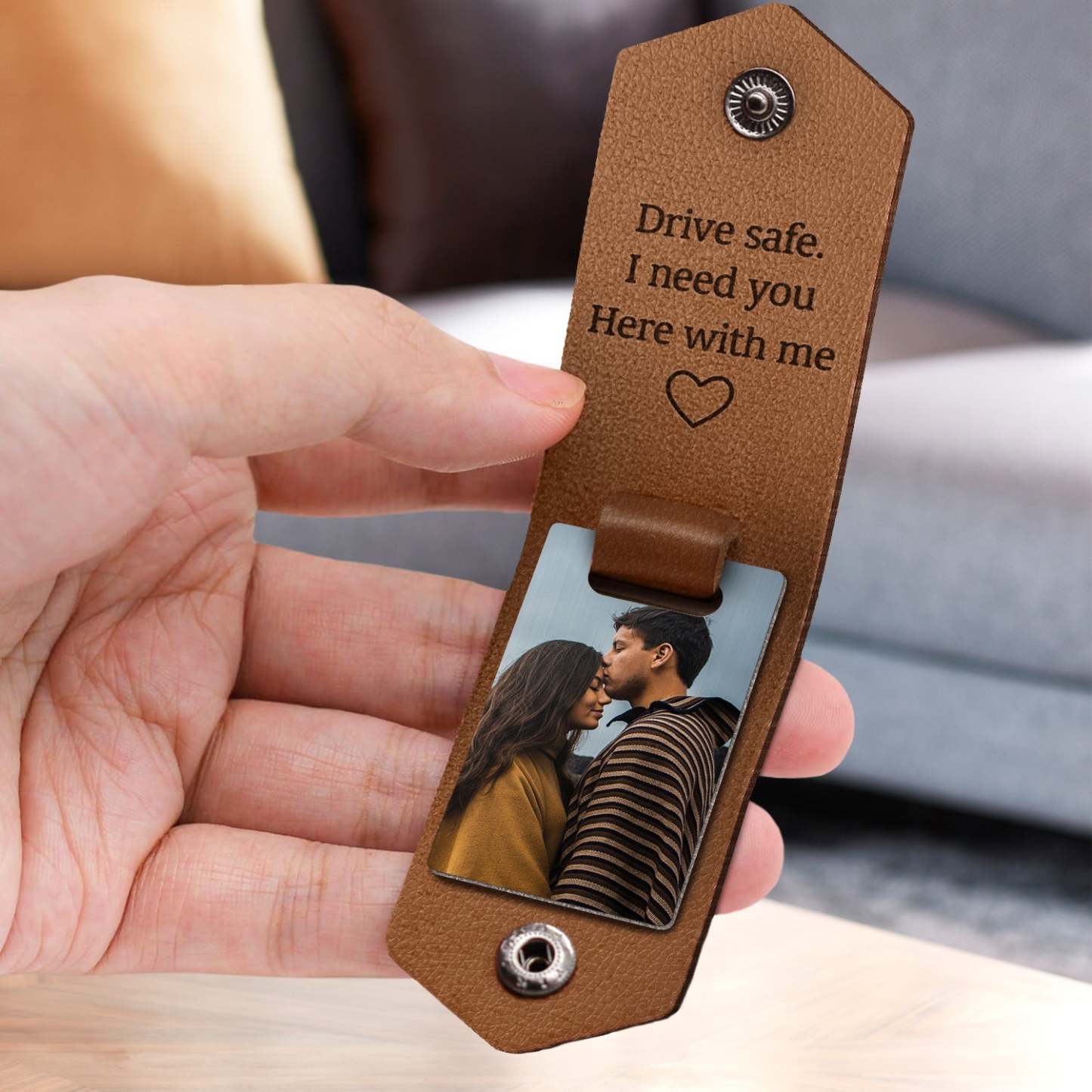 Custom Photo Drive Safe I Need You Here With Me - Gift For Boyfriends, Husbands, Couples - Personalized Leather Photo Keychain-ilovevango