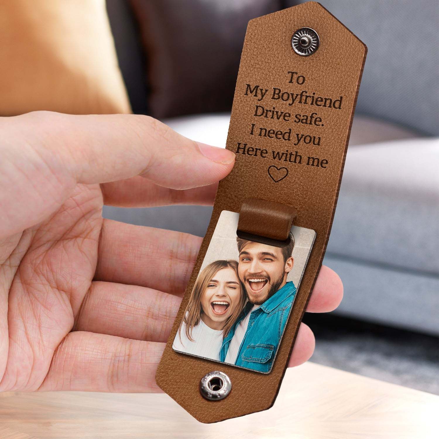 Custom Photo Together Since Drive Safe I Need You Here With Me - Gift For Boyfriends, Husbands, Couples - Personalized Leather Photo Keychain-ilovevango