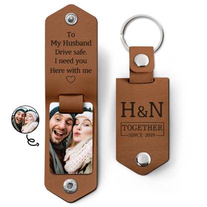 Custom Photo Together Since Drive Safe I Need You Here With Me - Gift For Boyfriends, Husbands, Couples - Personalized Leather Photo Keychain-ilovevango