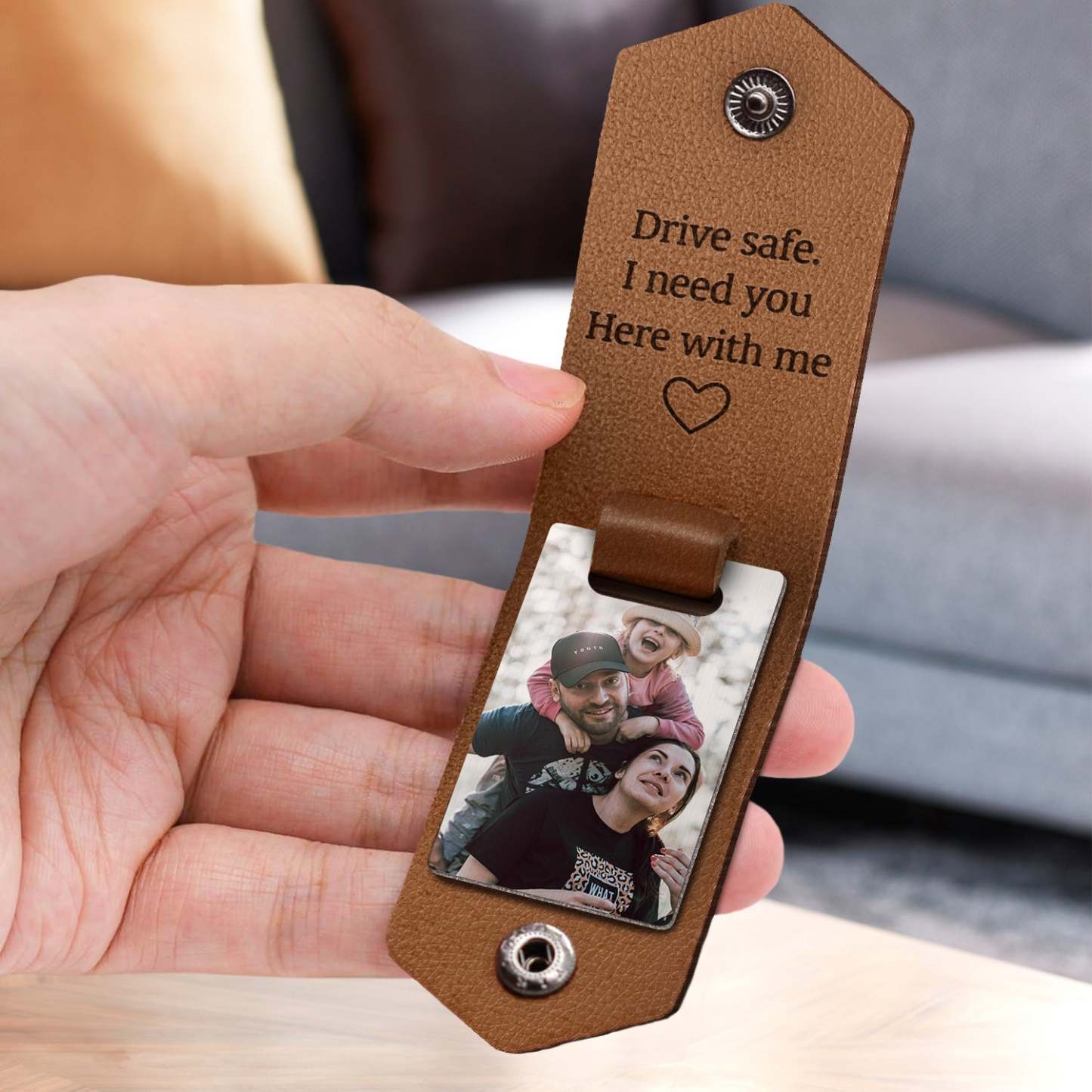 Custom Photo Dad I Love You Drive Safe I Need You Here With Me - Gift For Father, Grandpa Husband - Personalized Leather Photo Keychain-ilovevango