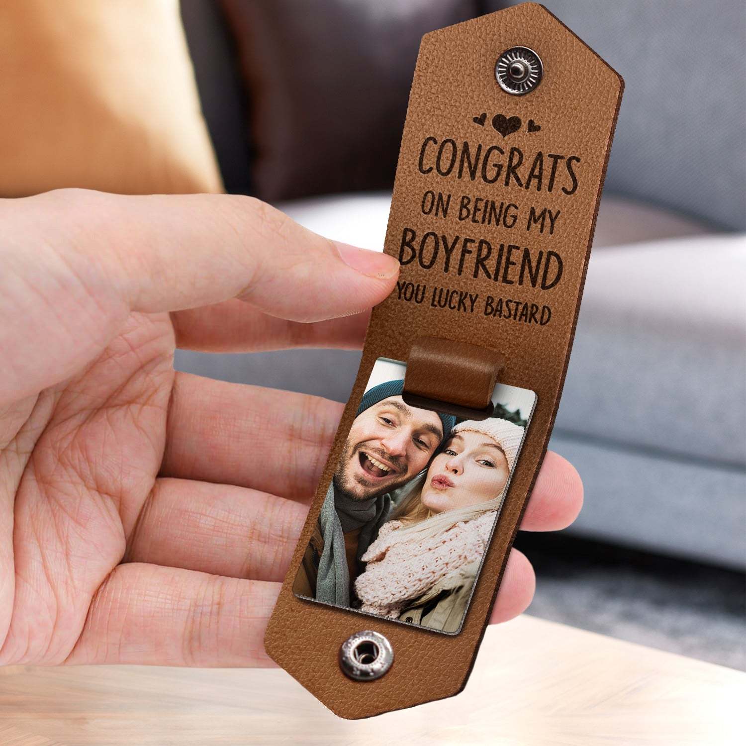Custom Photo Congrats On Being My Husband - Anniversary Gift For Spouse, Lover, Couple - Personalized Leather Photo Keychain-ilovevango
