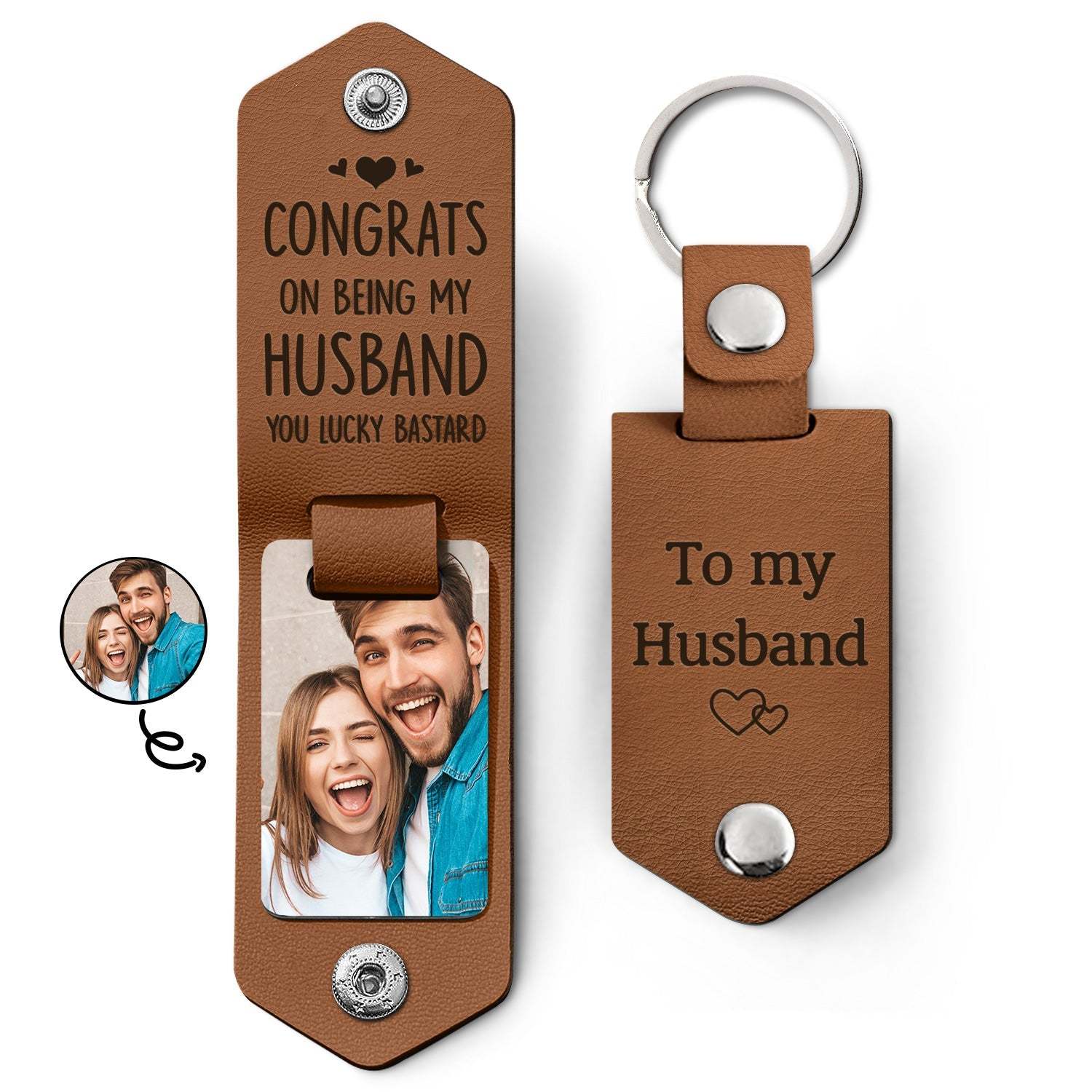 Custom Photo Congrats On Being My Husband - Anniversary Gift For Spouse, Lover, Couple - Personalized Leather Photo Keychain-ilovevango