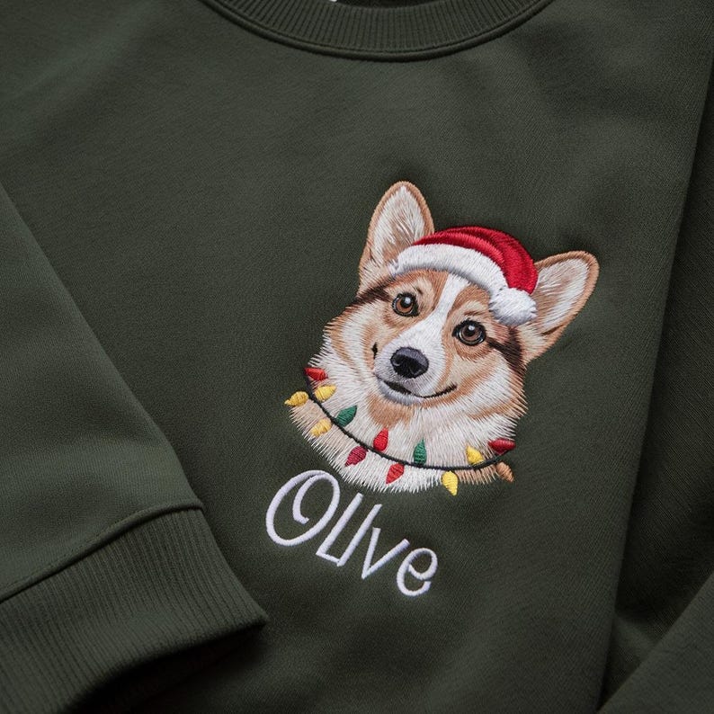 Custom Premium Handcrafted Pet Portrait Sweatshirt, Dog Embroidered Santa Paws Christmas Sweatshirt