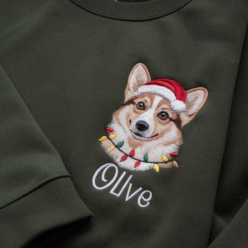 Custom Premium Handcrafted Pet Portrait Sweatshirt, Dog Embroidered Santa Paws Christmas Sweatshirt