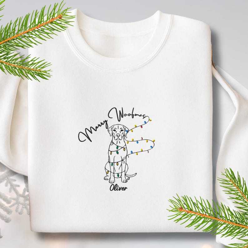 Merry Woofmas Custom Pet Embroidered Sweatshirt with Christmas Light Strings