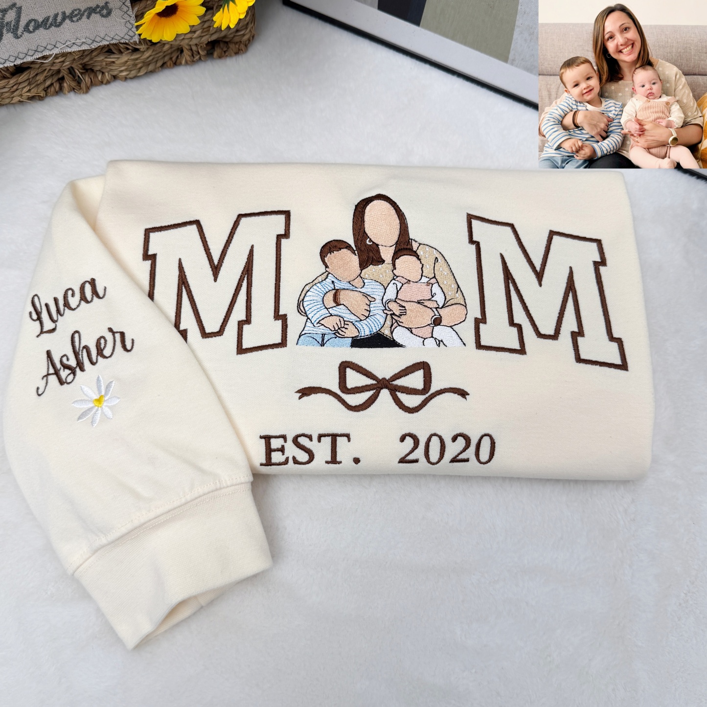 Custom Mama Mom T-Shirt Sweatshirt with Photo and Kids Portrait with Bow Embroidery