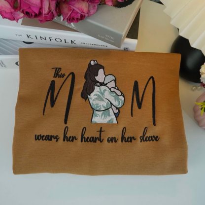 Mom Wears Her Heart On Her Sleeve Custom Photo Embroidered T-Shirt Crew Neck Hooded Sweatshirt