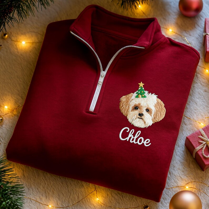 Custom Pet Portrait Embroidered Quarter Zip Christmas Sweatshirt
