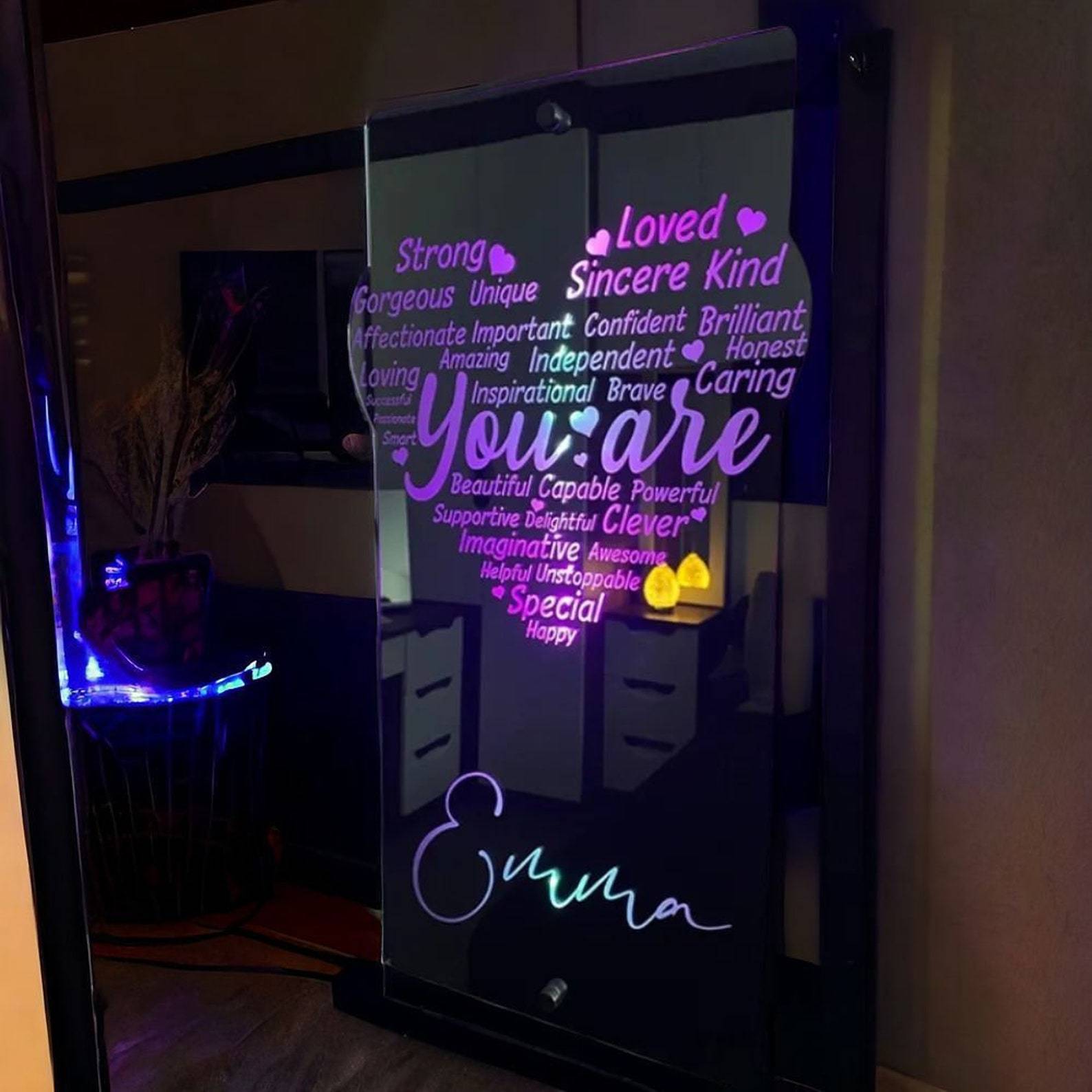 Personalized Heart Affirmation Mirror Light Sign, Customized Name LED Light