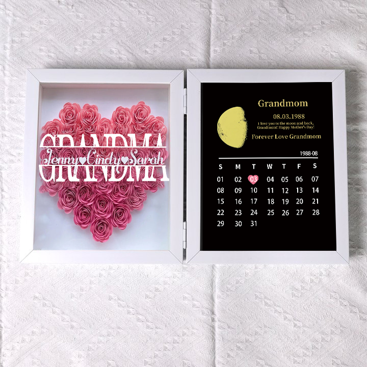 (Mom&Grandmom With Name) With REAL MOON PHASE Anniversary Calendar Custom flower frame-ilovevango