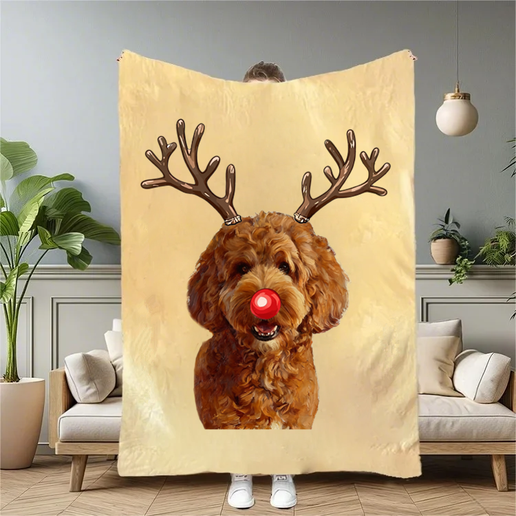 PetFiestas® Custom Pet Christmas Blanket - Personalized Dog/Cat Funny Reindeer Design Blanket