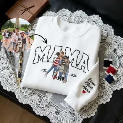 Mama Sweatshirt with Photo, Custom Embroidered Crewneck Mama and Kids Portrait, Mother's Day Gifts, Best Gift for Mom