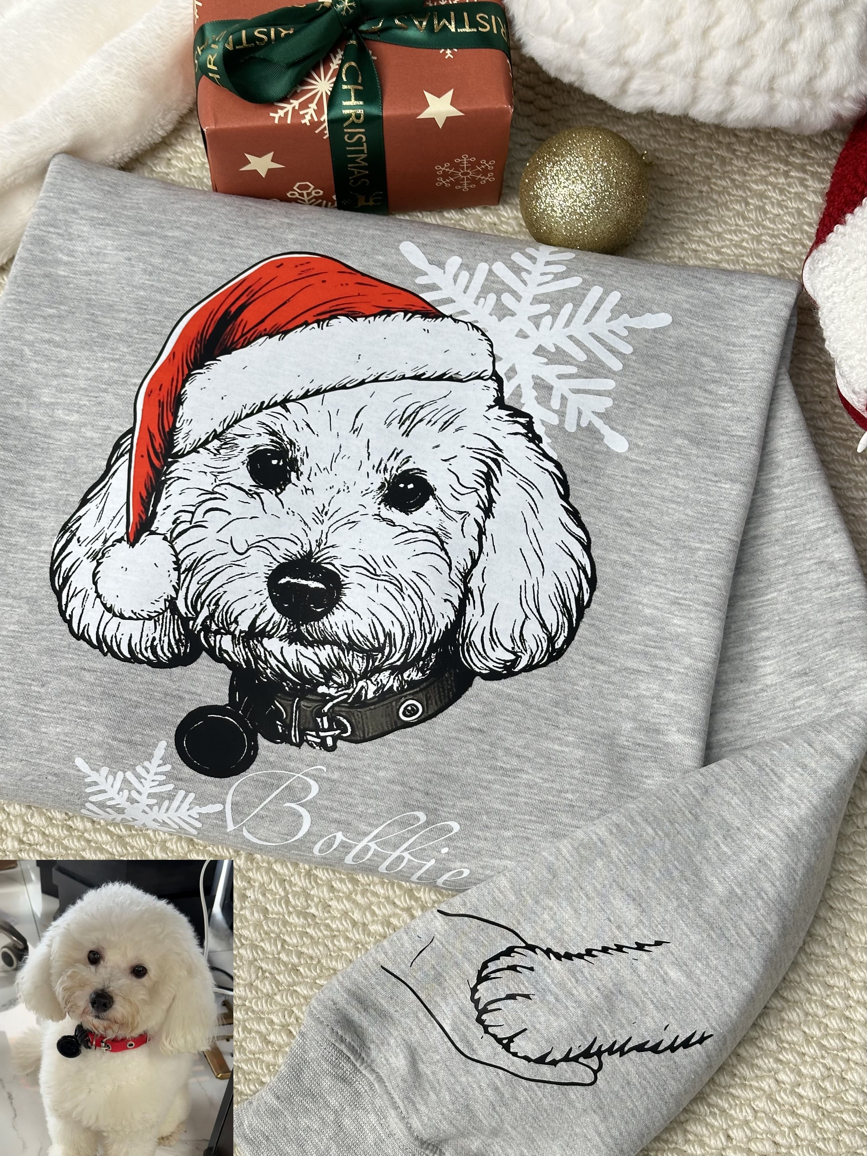 Vintage Custom Santa Paws Christmas Dog Santa Hat Graphic Crewneck T-shirt