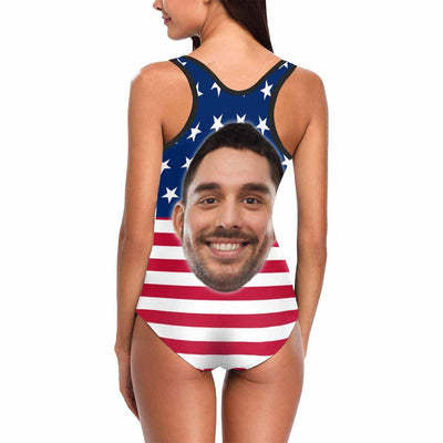 Custom Husband Face American Flag Swimsuit Personalized Tank Top One Piece Bathing Suit Celebrate Holiday Party-ilovevango