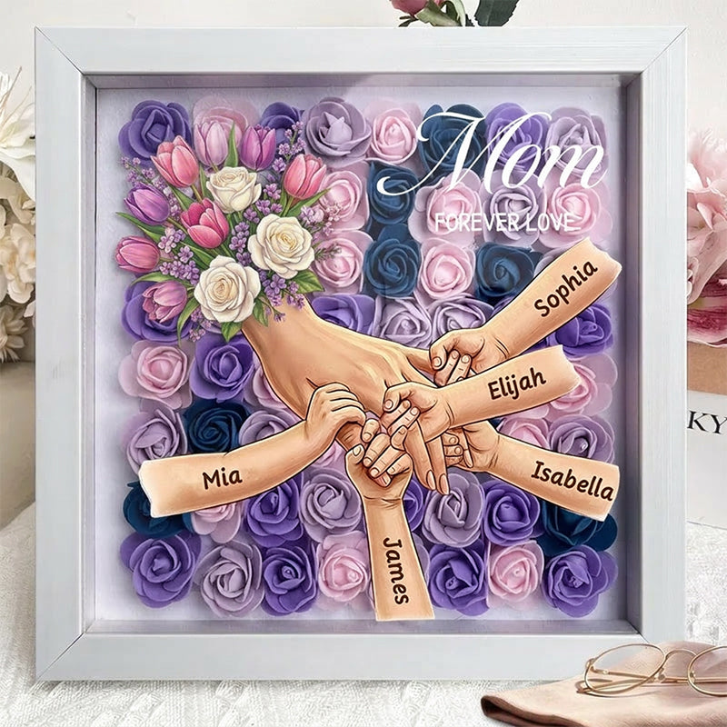 ForlovergiftTM Tulips & White Roses Personalized Mom Holding Hands Shadow Box – Custom Name Remembrance Frame, Mother’s Day In Loving Memory Gift
