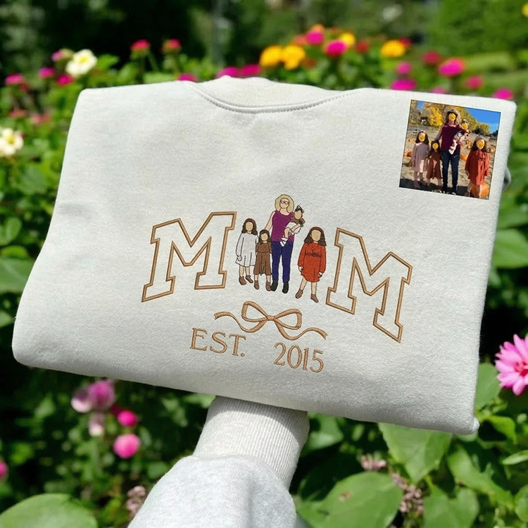 Custom Mama Mom T-Shirt Sweatshirt with Photo and Kids Portrait with Bow Embroidery