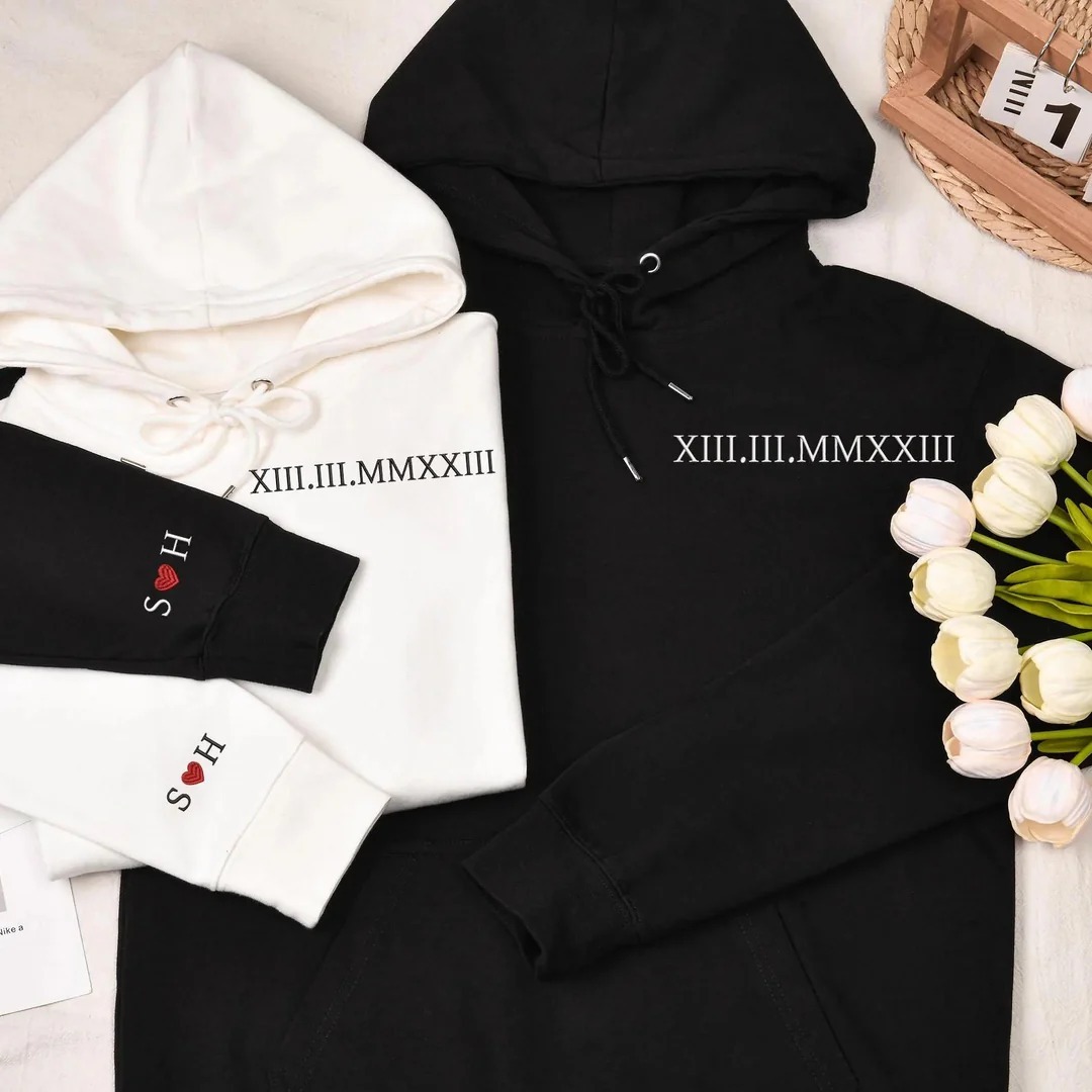 Custom Couple Sweatshirt with Embroidered Date and Roman Numerals