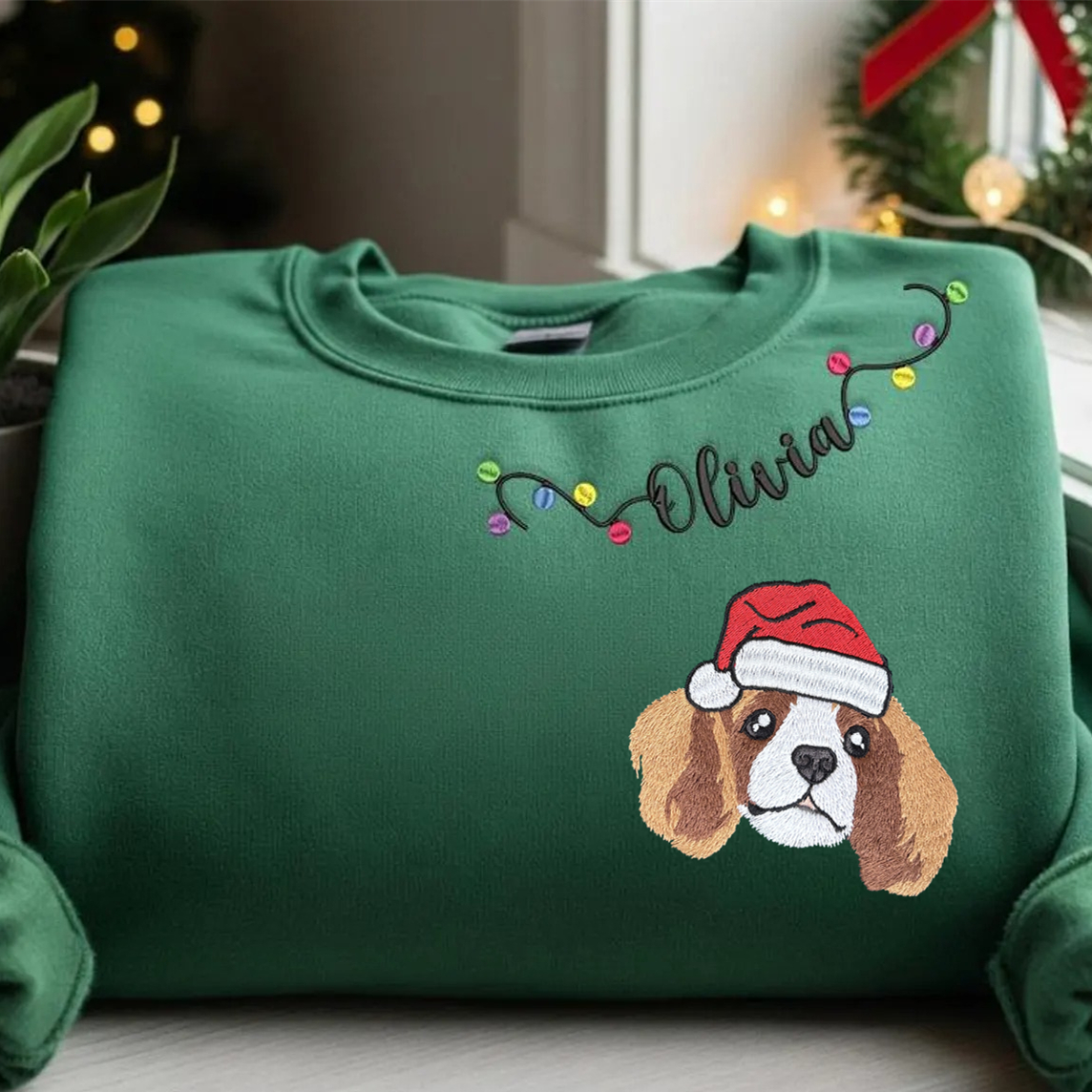 PetFiestas® Custom Pet Embroidery with Name & Mistletoe Neckline – Sweatshirt, Hoodie, T-Shirt