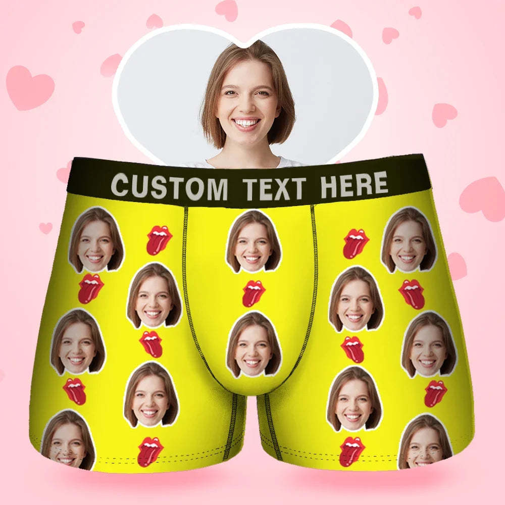 Custom Face Men's Boxer Kiss Lip Gift For Him Couple Style Underwear, Birthday Gifts for Husband, Waistband Text Boxer Gift-ilovevango