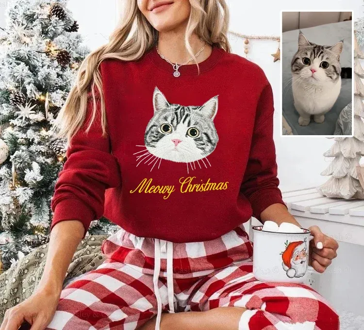 Custom Christmas Pet Embroidered Sweatshirt, Custom Pet Face Hoodie Sweatshirt T-shirt