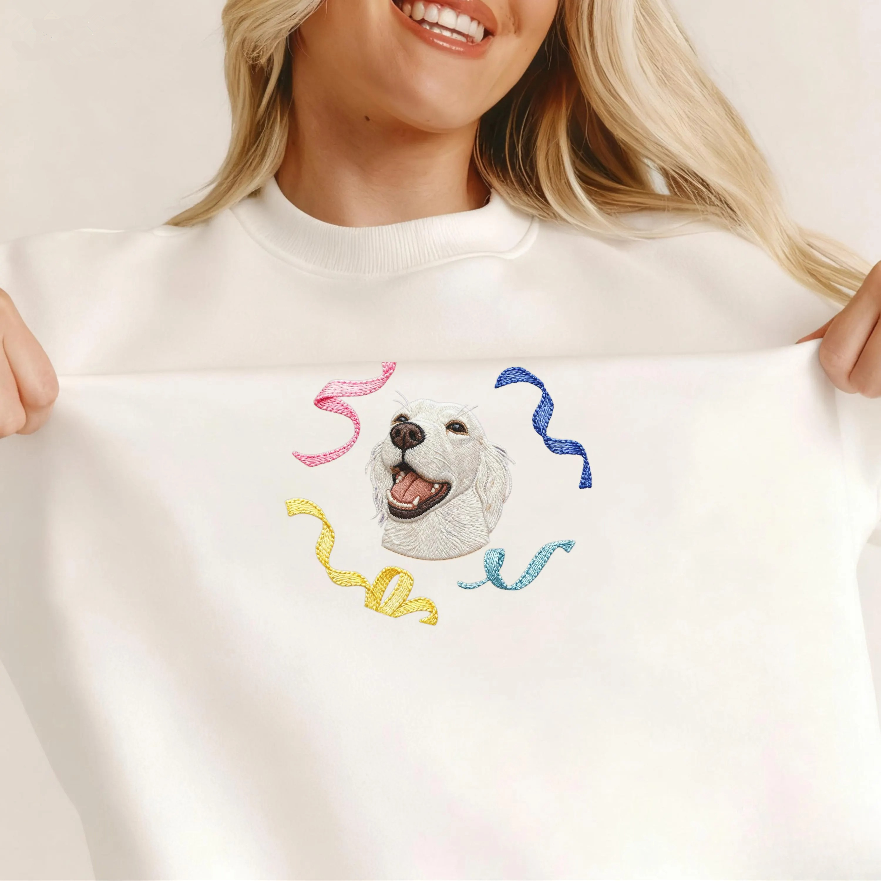 Custom Christmas Pet Portrait Embroidered Sweatshirt with Christmas Ribbons Wreath Design