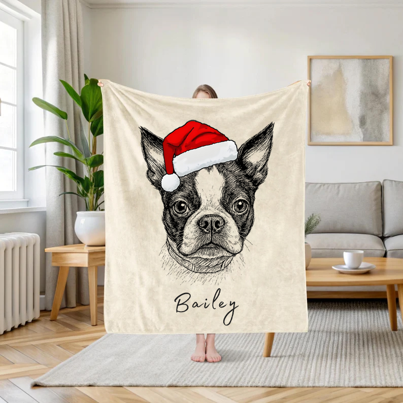 Custom Pet Christmas Blanket - Personalized Dog/Cat Santa Hat Blanket