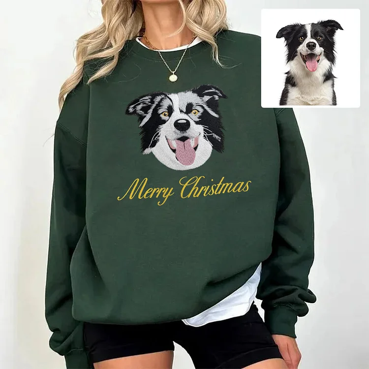 Custom Christmas Pet Embroidered Sweatshirt, Custom Pet Face Hoodie Sweatshirt T-shirt