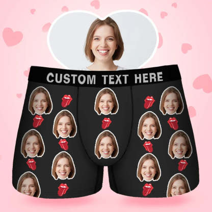 Custom Face Men's Boxer Kiss Lip Gift For Him Couple Style Underwear, Birthday Gifts for Husband, Waistband Text Boxer Gift-ilovevango