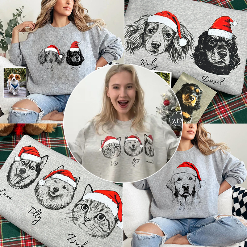 PetFiestas® Custom Dog/Cat Santa Hat Graphic Crewneck Sweatshirt Hoodie
